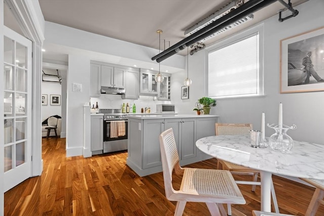 kitchen with appliances with stainless steel finishes, under cabinet range hood, gray cabinetry, and glass insert cabinets