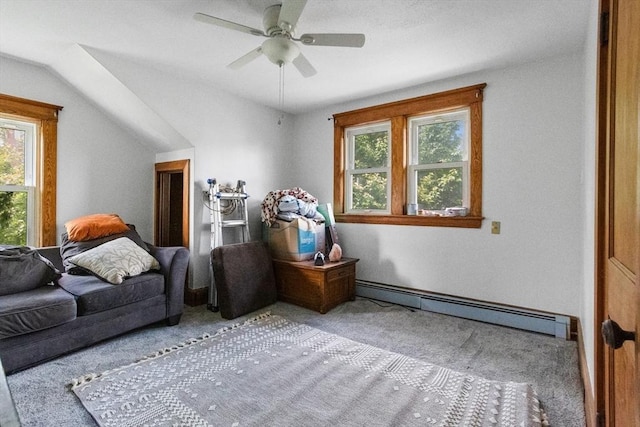 466 Lincoln St, Marlborough, MA 01752 - living area with baseboard heating, carpet floors, healthy amount of natural light, ceiling fan, and lofted ceiling