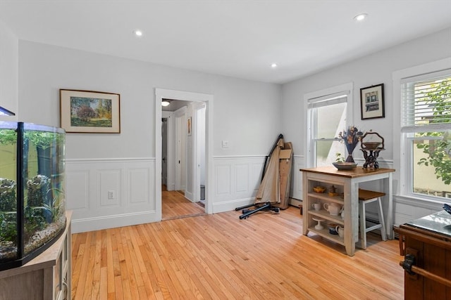 466 Lincoln St, Marlborough, MA 01752 - office area featuring wainscoting, light wood-style floors, recessed lighting, and a decorative wall