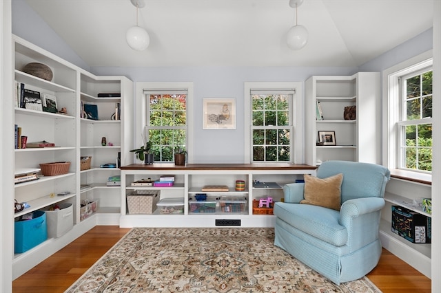 living area featuring hardwood / wood-style flooring, a healthy amount of sunlight, and vaulted ceiling