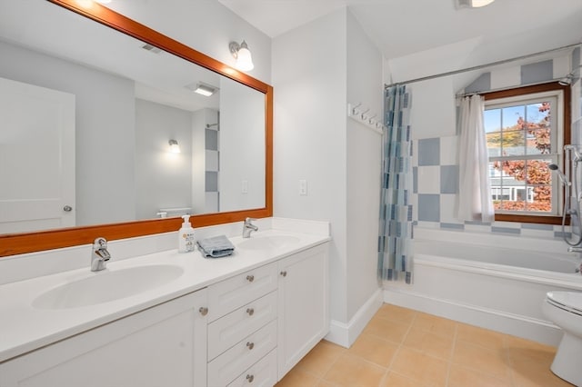 full bathroom with toilet, shower / tub combo with curtain, vanity, and tile patterned floors