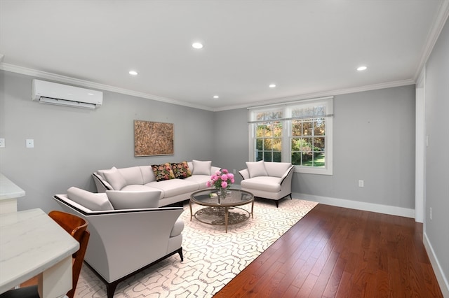 living room featuring crown molding, an AC wall unit, and wood-type flooring