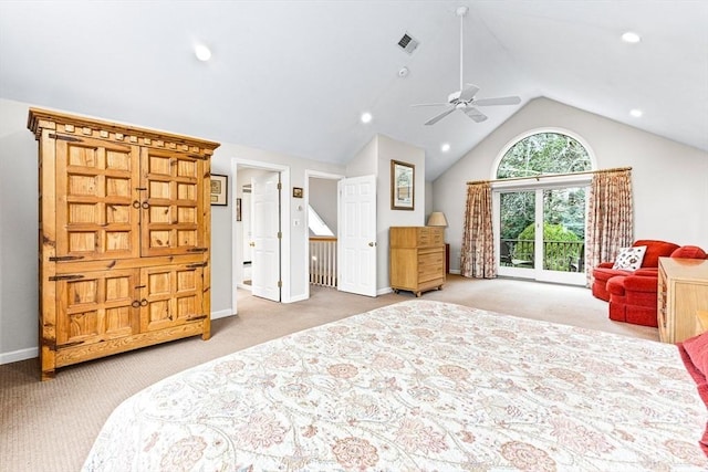 carpeted bedroom with lofted ceiling and ceiling fan