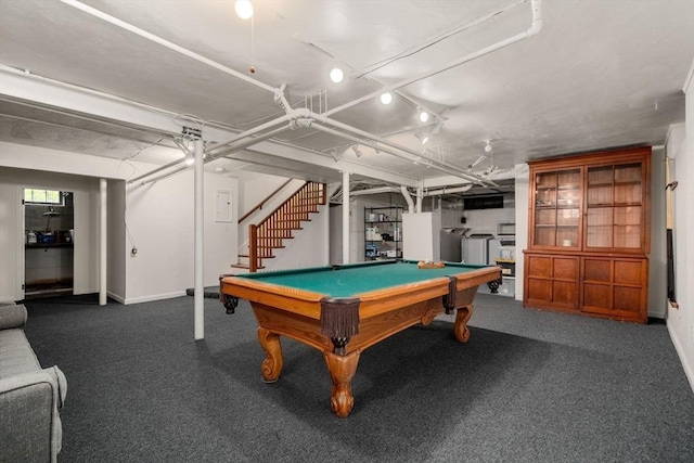 rec room with carpet flooring, baseboards, washing machine and dryer, and billiards