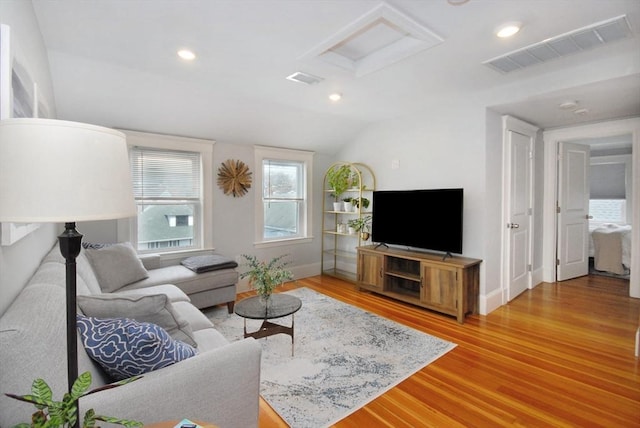20 Beechwood Ave Unit B, Watertown, MA 02472 - living room featuring attic access, light wood-style flooring, baseboards, recessed lighting, and lofted ceiling