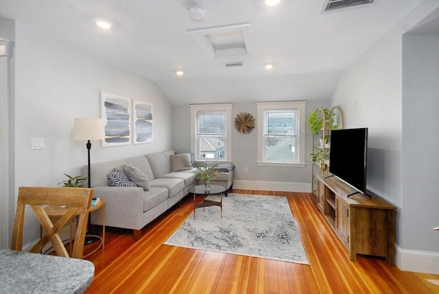 20 Beechwood Ave Unit B, Watertown, MA 02472 - living room with lofted ceiling, light wood-type flooring, attic access, baseboards, and recessed lighting
