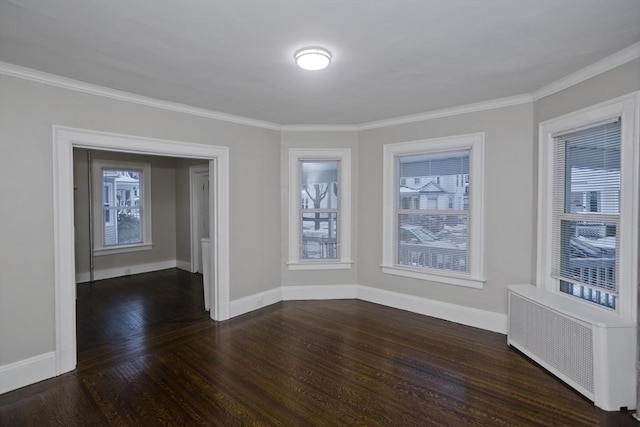 interior space featuring dark hardwood / wood-style flooring, radiator, and ornamental molding