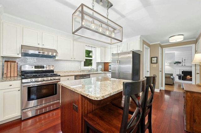 30 Eastview Rd, Hopkinton, MA 01748 - kitchen featuring under cabinet range hood, stainless steel appliances, decorative backsplash, dark wood finished floors, and crown molding