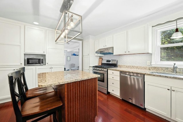 30 Eastview Rd, Hopkinton, MA 01748 - kitchen featuring stainless steel appliances, under cabinet range hood, tasteful backsplash, and white cabinets