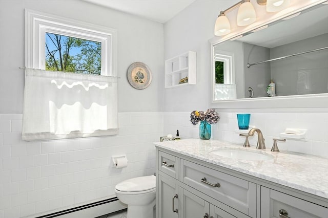 30 Eastview Rd, Hopkinton, MA 01748 - full bath with a baseboard heating unit, tile walls, vanity, a shower, and a wainscoted wall