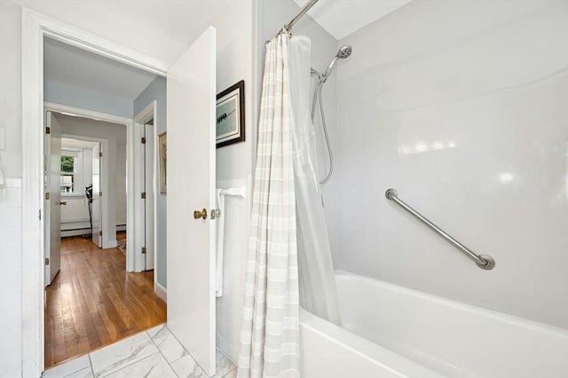 30 Eastview Rd, Hopkinton, MA 01748 - bathroom with shower / tub combo with curtain and marble look tiles