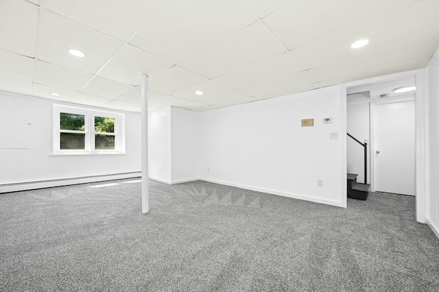 30 Eastview Rd, Hopkinton, MA 01748 - unfurnished room with carpet flooring, a paneled ceiling, stairway, recessed lighting, and a baseboard radiator