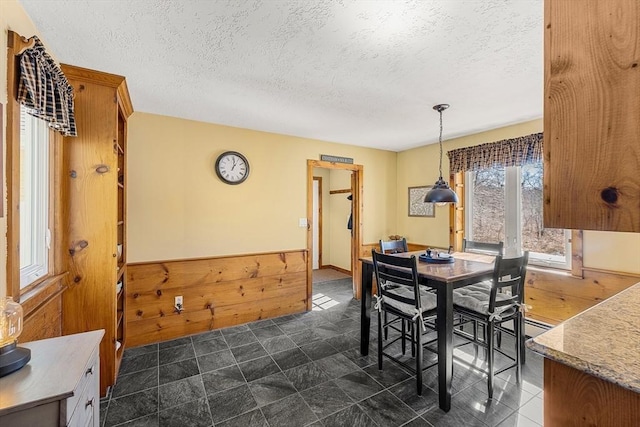 dining area featuring a wainscoted wall, wood walls, and a textured ceiling