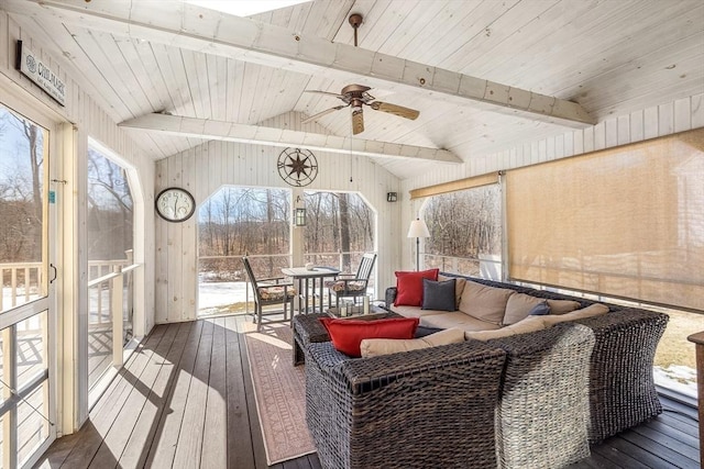 deck with ceiling fan, outdoor dining area, and an outdoor hangout area