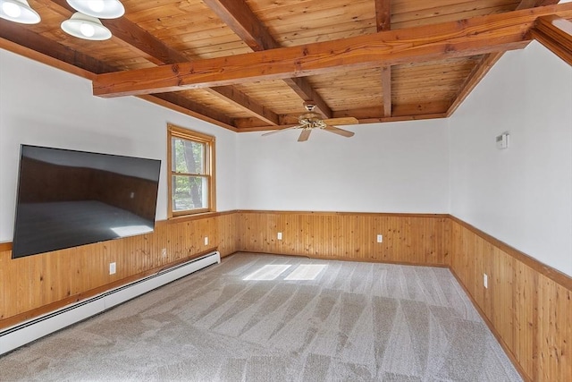 spare room with wood walls, wood ceiling, a baseboard heating unit, and a wainscoted wall