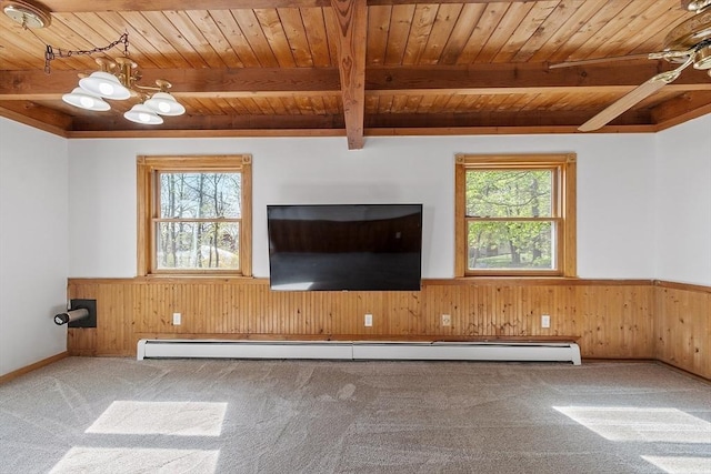 unfurnished living room featuring carpet floors, wood walls, beam ceiling, wood ceiling, and a wainscoted wall