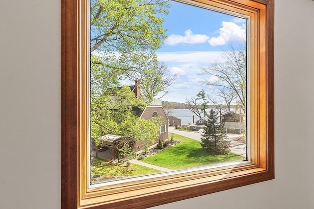 interior details with a water view