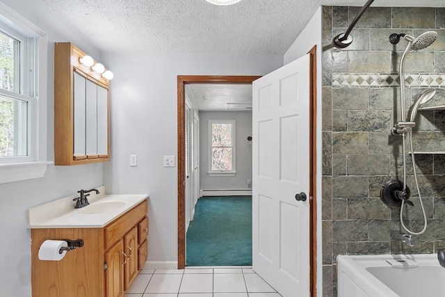 full bath with baseboard heating, bathtub / shower combination, vanity, a textured ceiling, and tile patterned floors