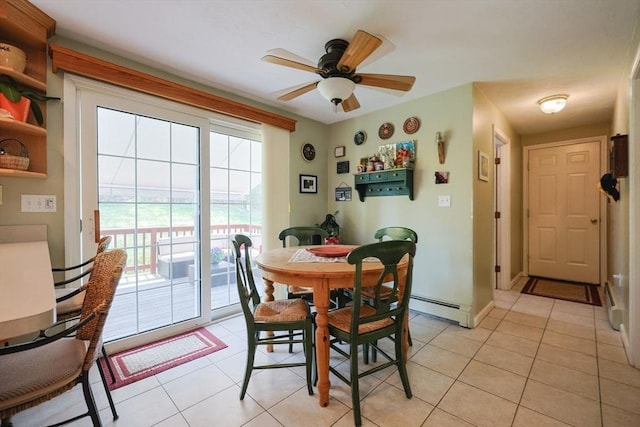 dining room featuring ceiling fan, light tile patterned floors, a healthy amount of sunlight, and baseboard heating