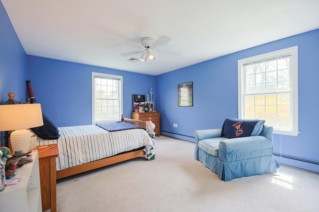carpeted bedroom with baseboard heating, a ceiling fan, and visible vents