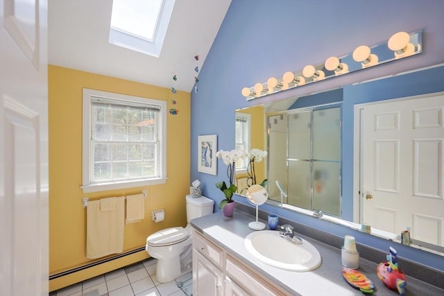 full bathroom featuring a skylight, tile patterned floors, vanity, a baseboard heating unit, and a shower with door