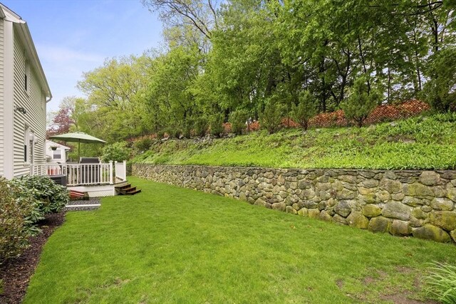 view of green lawn with a deck