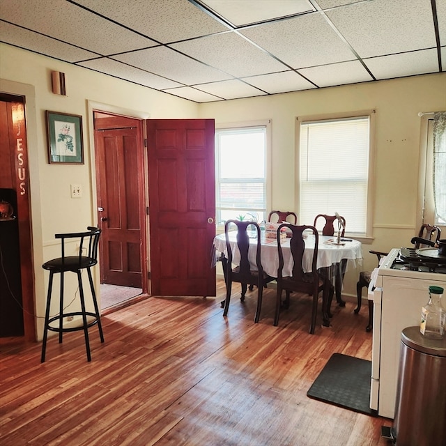 dining room with a paneled ceiling and hardwood / wood-style flooring