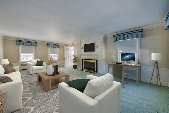 carpeted living room featuring radiator, crown molding, and a glass covered fireplace