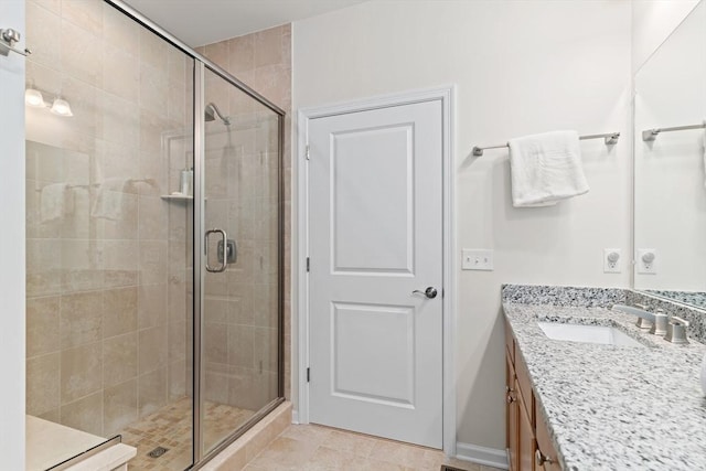 bathroom featuring a stall shower, vanity, and tile patterned flooring