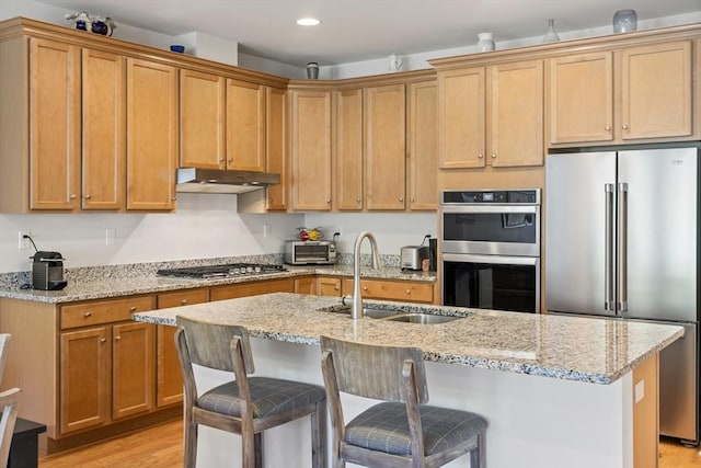 kitchen with stainless steel appliances, a sink, under cabinet range hood, light wood-type flooring, and recessed lighting