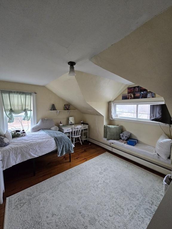 bedroom featuring multiple windows, vaulted ceiling, wood finished floors, and a baseboard radiator