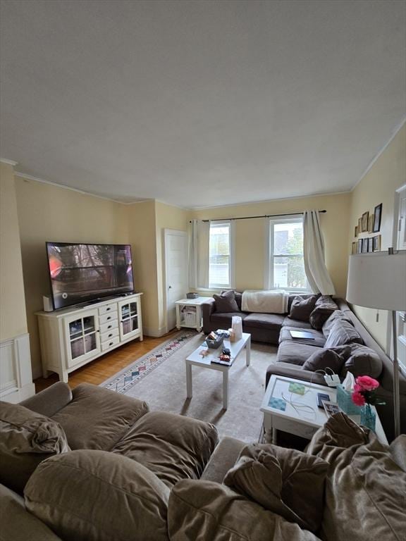 living room featuring crown molding and wood finished floors