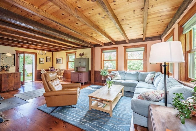 78 Wickett Pond Rd, Wendell, MA 01379 - living room with hardwood / wood-style flooring, a wood ceiling with exposed beams, and a chandelier