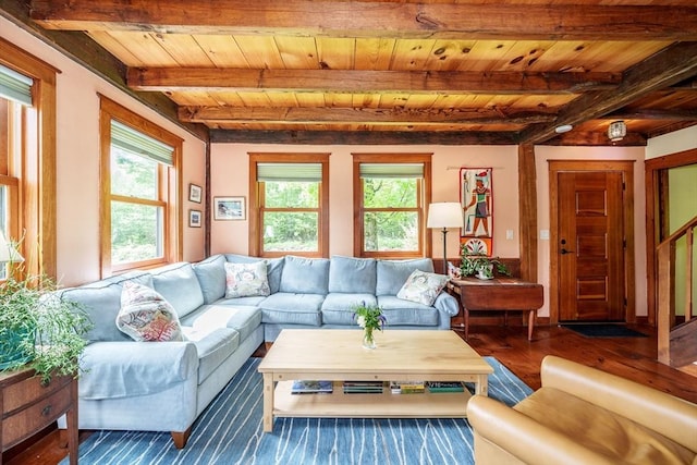 78 Wickett Pond Rd, Wendell, MA 01379 - living area featuring a wooden ceiling with exposed beams, plenty of natural light, and wood finished floors