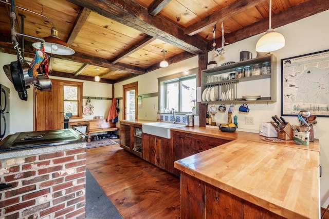 78 Wickett Pond Rd, Wendell, MA 01379 - kitchen featuring a wood ceiling with exposed beams, dark wood-type flooring, wooden counters, healthy amount of natural light, and decorative light fixtures