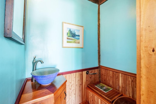 78 Wickett Pond Rd, Wendell, MA 01379 - bathroom with vanity, a wainscoted wall, and wood walls
