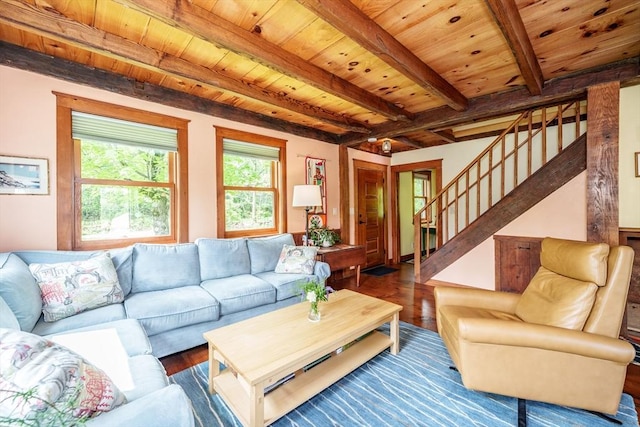 78 Wickett Pond Rd, Wendell, MA 01379 - living room featuring wood finished floors, a wood ceiling with exposed beams, and stairs