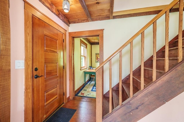 78 Wickett Pond Rd, Wendell, MA 01379 - foyer entrance featuring stairs, wood finished floors, and wooden ceiling