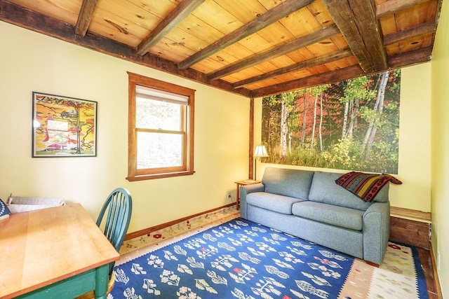 78 Wickett Pond Rd, Wendell, MA 01379 - office with carpet floors and a wood ceiling with exposed beams