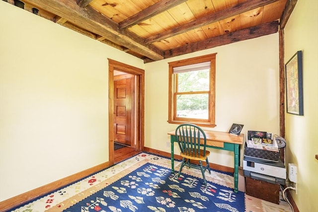 78 Wickett Pond Rd, Wendell, MA 01379 - office with baseboards and a wood ceiling with exposed beams