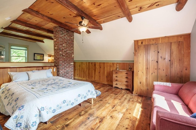 78 Wickett Pond Rd, Wendell, MA 01379 - bedroom with hardwood / wood-style flooring, wooden ceiling, wooden walls, a wainscoted wall, and ceiling fan