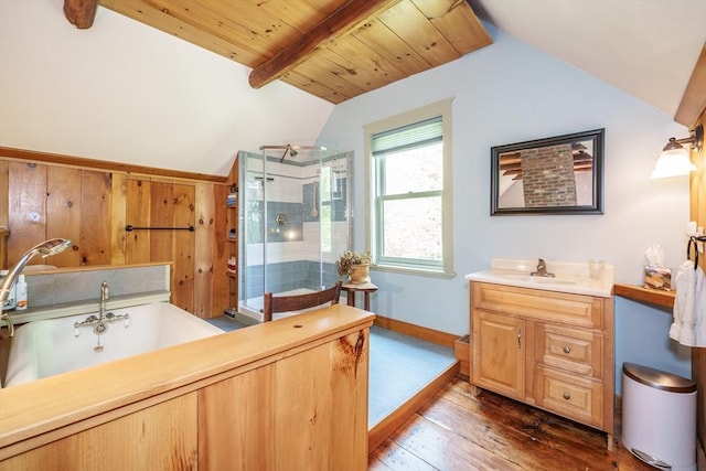 78 Wickett Pond Rd, Wendell, MA 01379 - full bathroom featuring hardwood / wood-style floors, a stall shower, vanity, a soaking tub, and wooden ceiling
