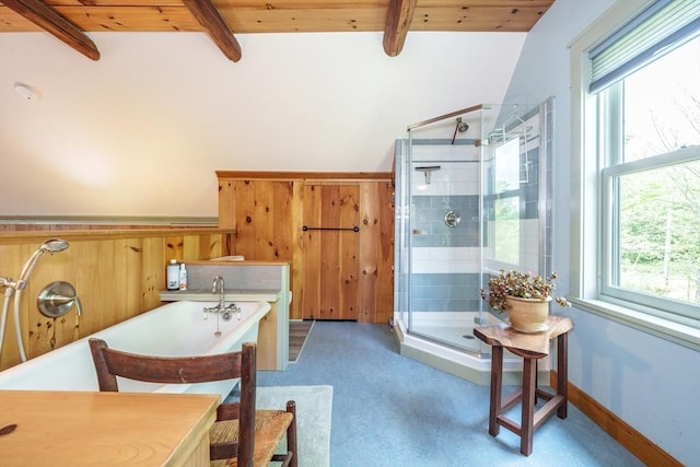 78 Wickett Pond Rd, Wendell, MA 01379 - bathroom with a stall shower, a bath, and a wooden ceiling with exposed beams