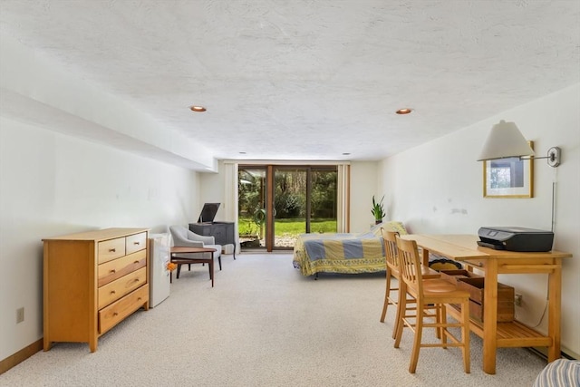 bedroom with light colored carpet, a textured ceiling, and access to exterior