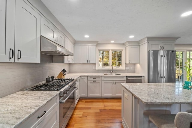 kitchen featuring light stone countertops, a kitchen breakfast bar, premium appliances, sink, and light hardwood / wood-style flooring