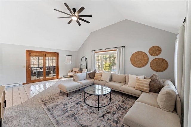 tiled living room featuring vaulted ceiling, a baseboard heating unit, and ceiling fan