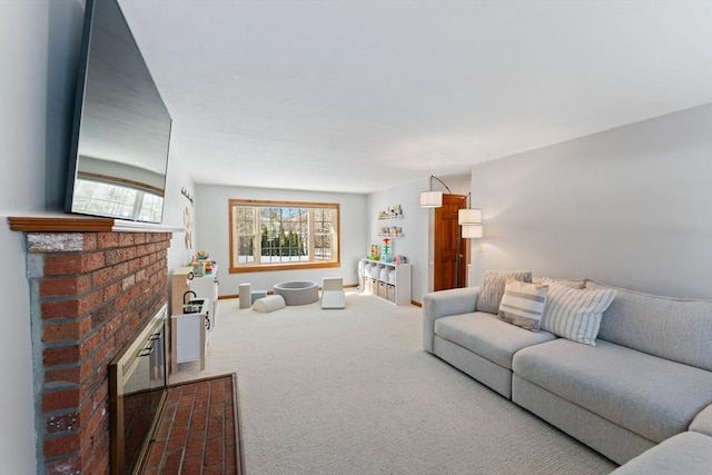 carpeted living room with a fireplace