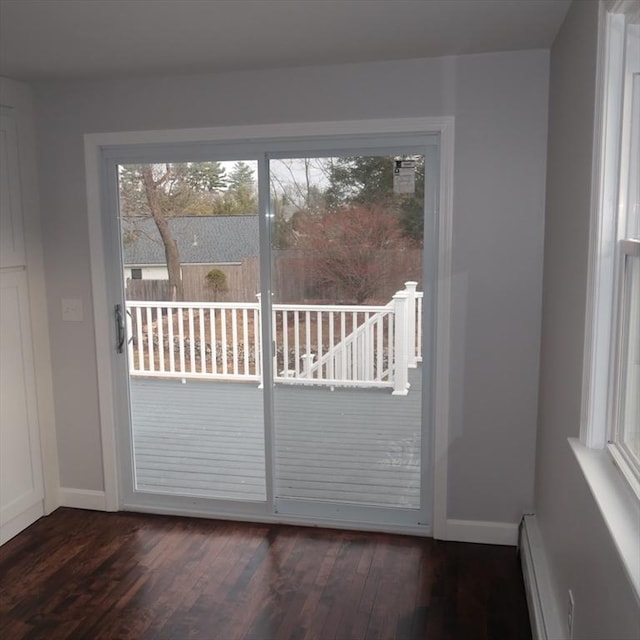 doorway to outside featuring dark hardwood / wood-style floors and a baseboard radiator