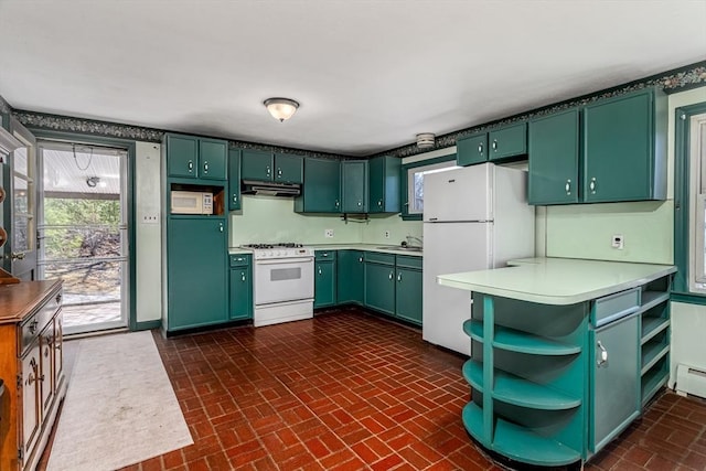 kitchen with open shelves, a sink, green cabinetry, white appliances, and under cabinet range hood