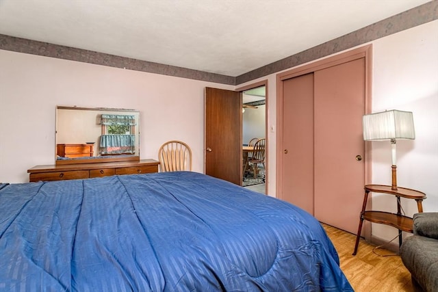 bedroom featuring wood finished floors and a closet